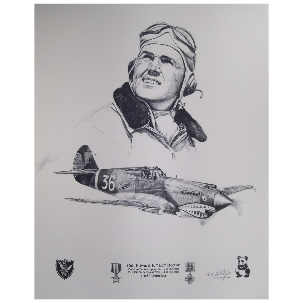 Pencil print Col Edward Ed Rector and the Flying Tigers aircraft he flew.