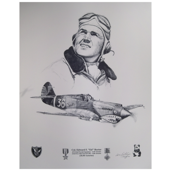 Pencil print Col Edward Ed Rector and the Flying Tigers aircraft he flew.