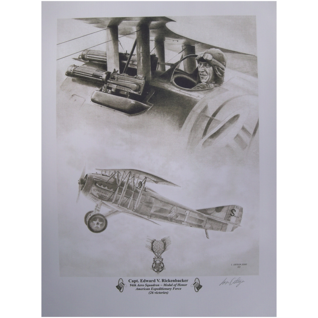 Pencil print of Captain Edward Rickenbacker WW1 Ace in his biplane