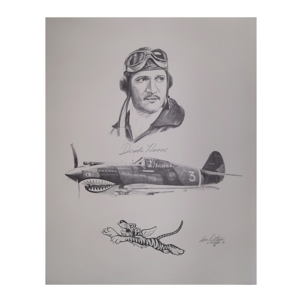 Signed pencil print of Squadron Leader J R Dick Rossi, US Naval aviator and Flying Tigers pilot. 