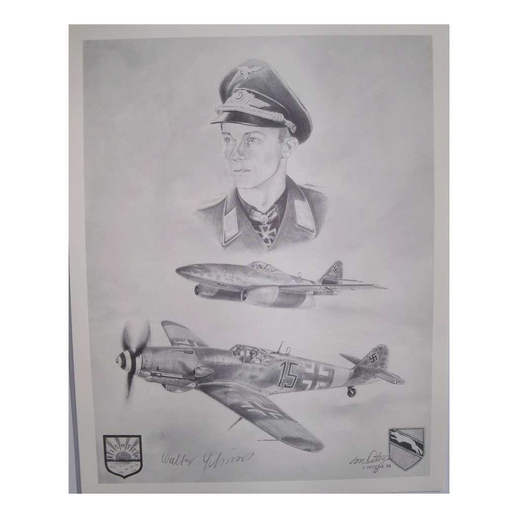 Signed pencil print of Oberleutnant (1st Lt) Walter Schuck and the planes he flew with the Luftwaffe in WW2.