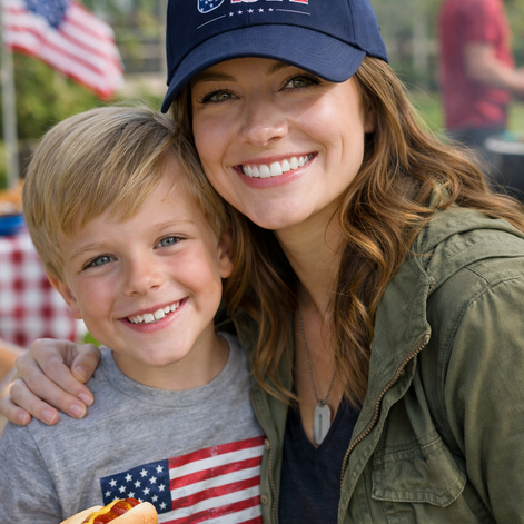 Woman and child wearing USA-themed clothing and hats outdoors with an American flag in the background.
