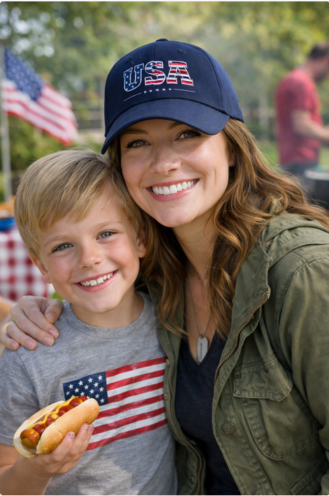 Woman and child wearing USA-themed clothing and hats outdoors with an American flag in the background.
