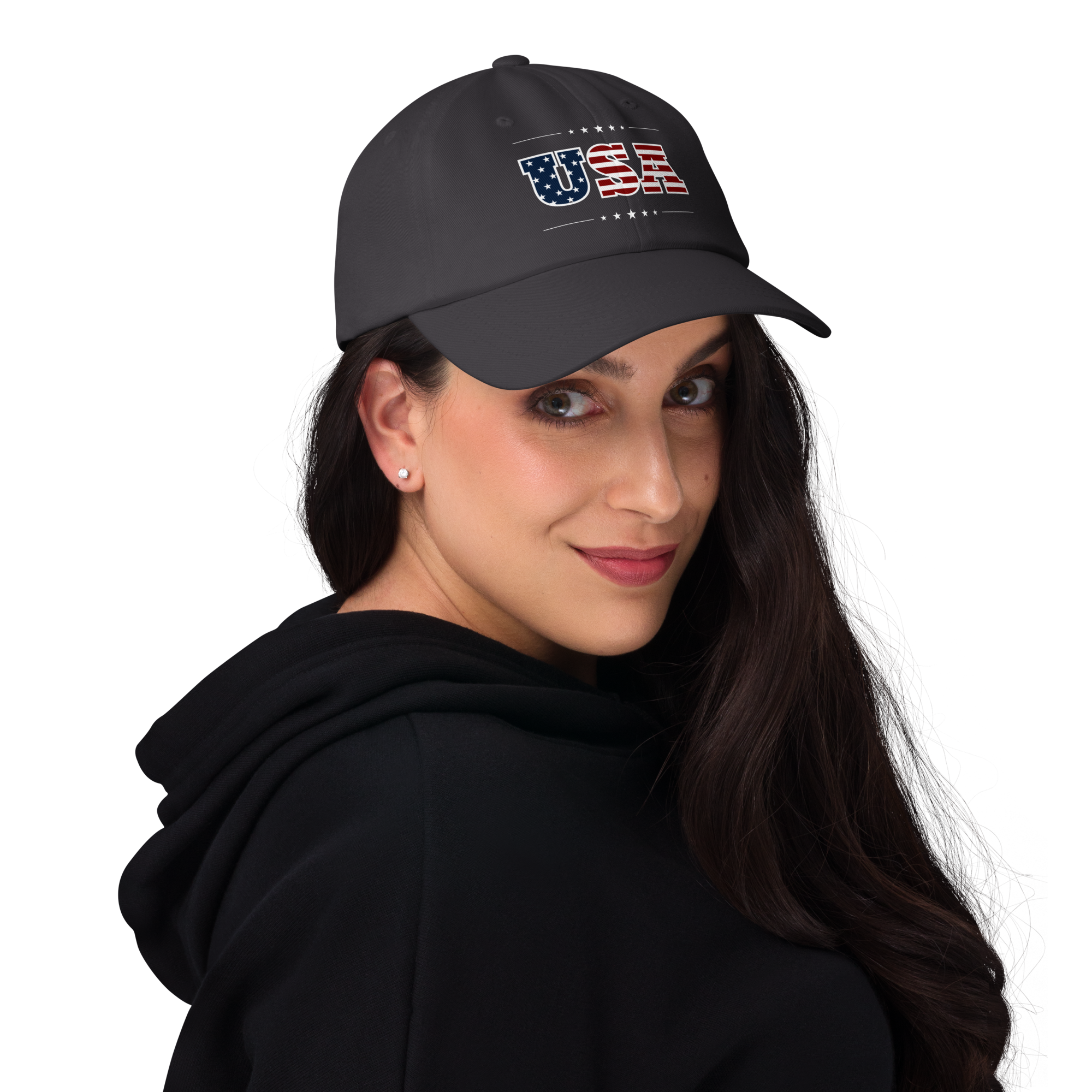 Woman wearing a black cap with USA design on a white background