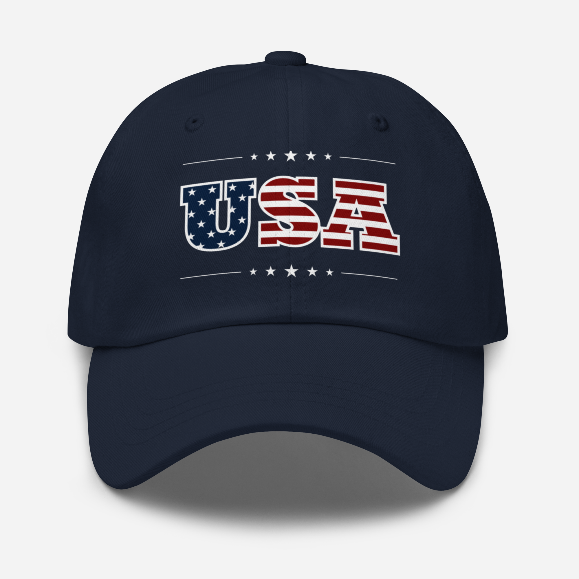 Navy blue cap with 'USA' text in American flag design on a white background