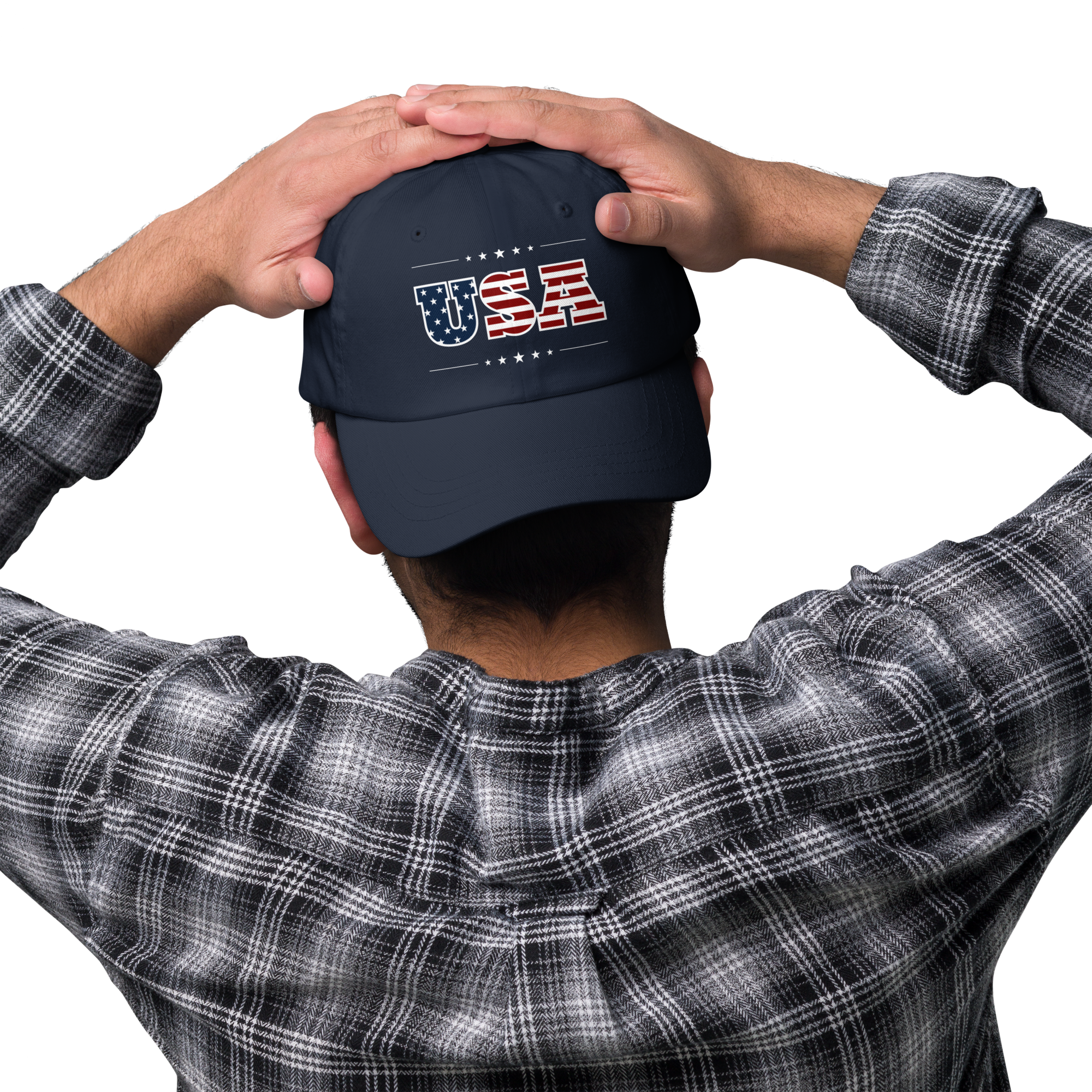 Person wearing a navy blue cap with 'USA' text and American flag design on a white background