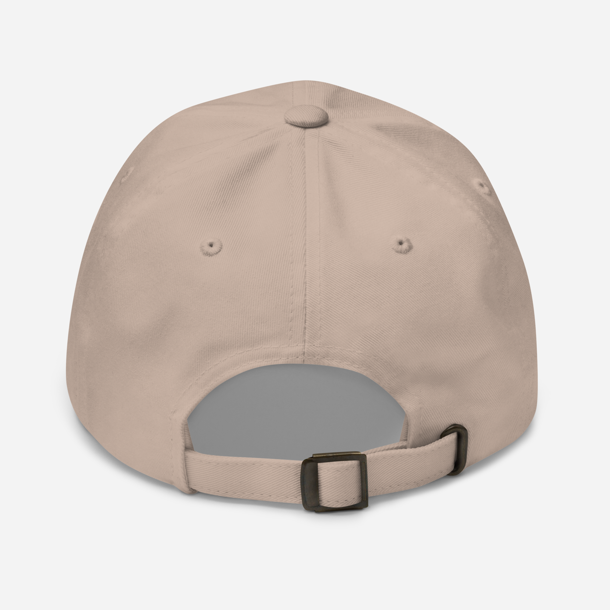 Beige baseball cap showing adjuster at back