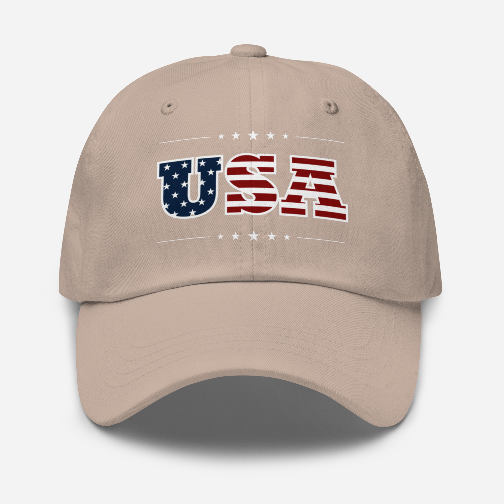 Beige cap with 'USA' text in American flag colors on a white background