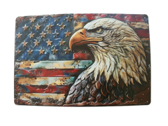 Letrero de pared de metal desgastado con águila y bandera americana patriótica