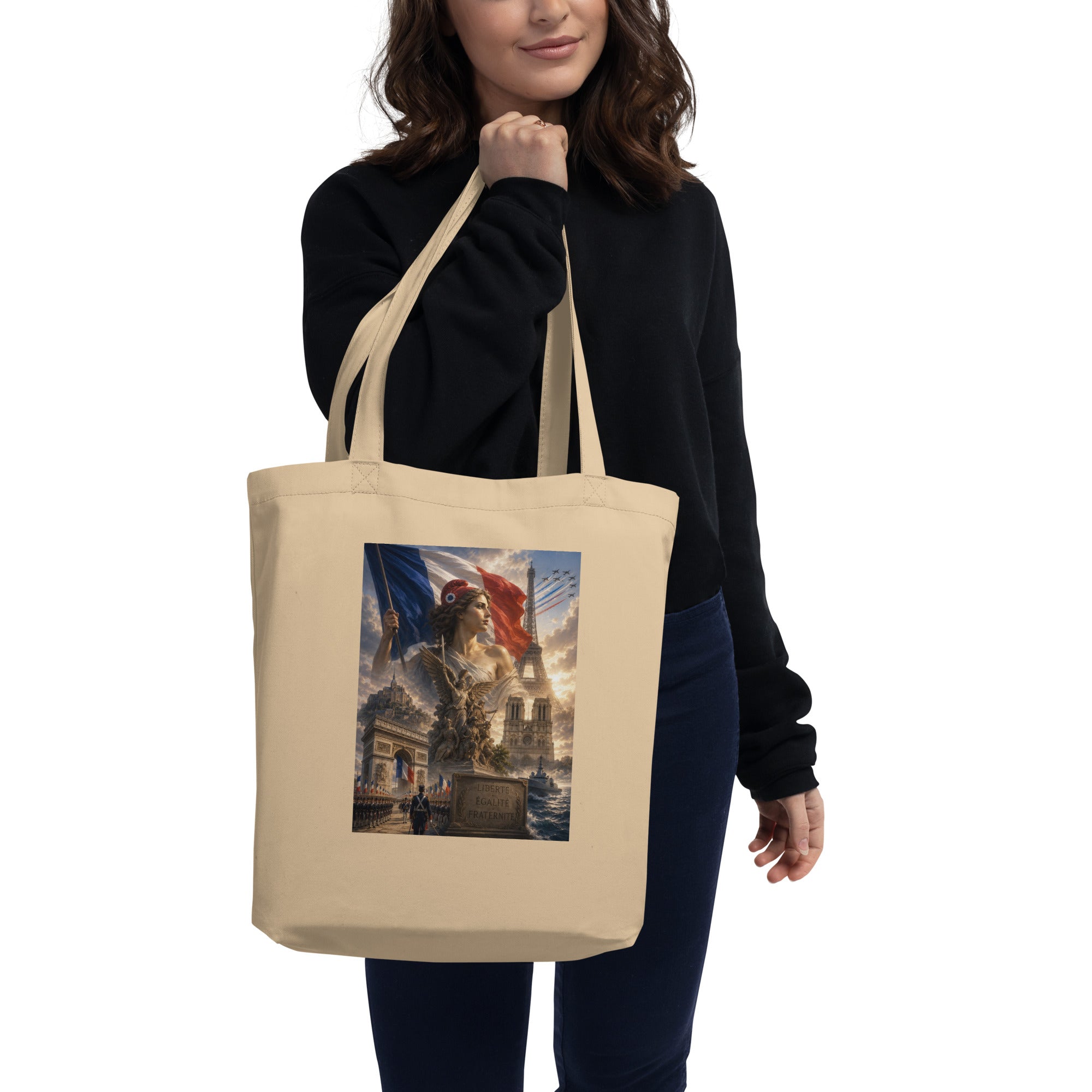 French Patriotic Eco Cotton Tote Bag – Marianne, Eiffel Tower, Arc de Triomphe