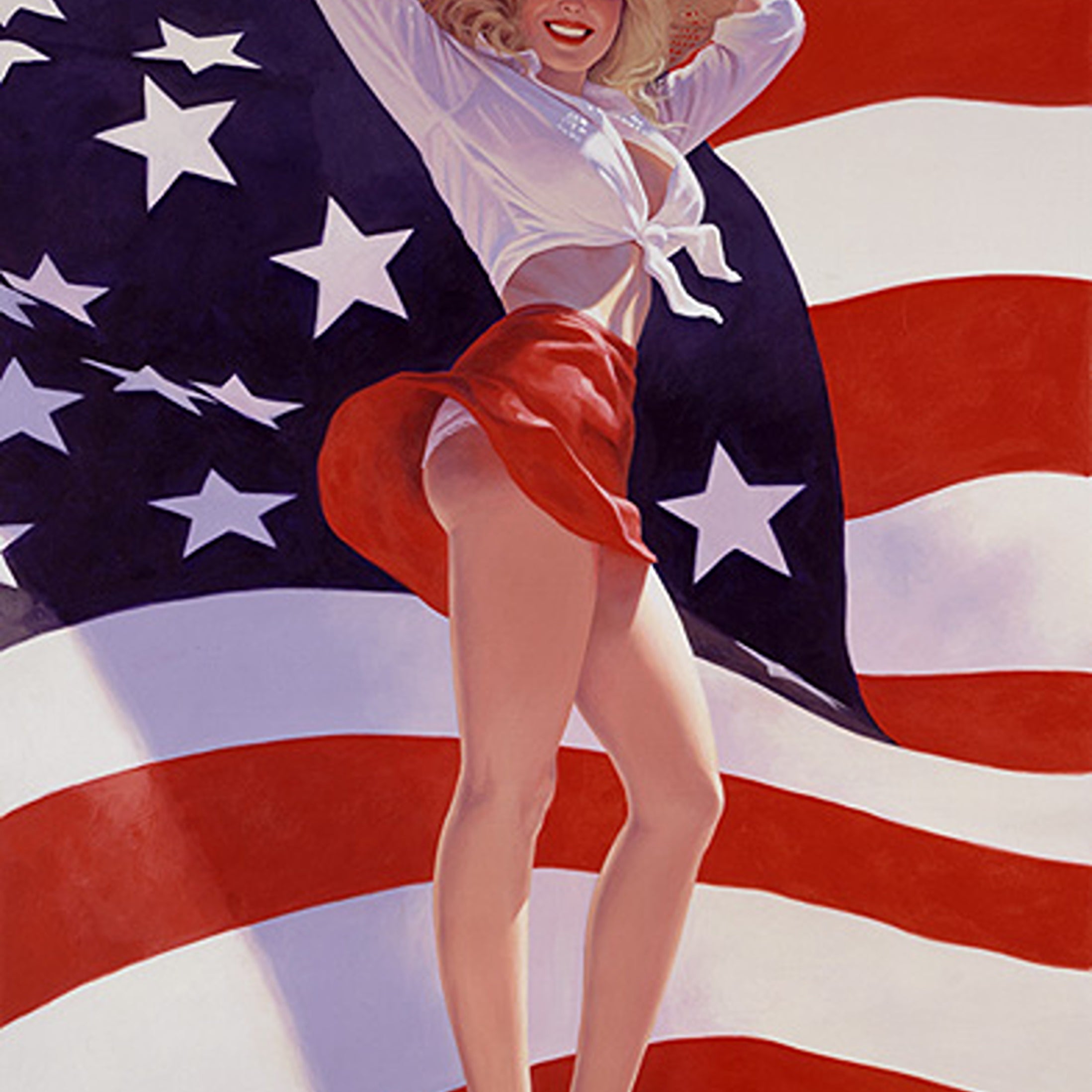 Woman in a patriotic outfit standing in front of an American flag