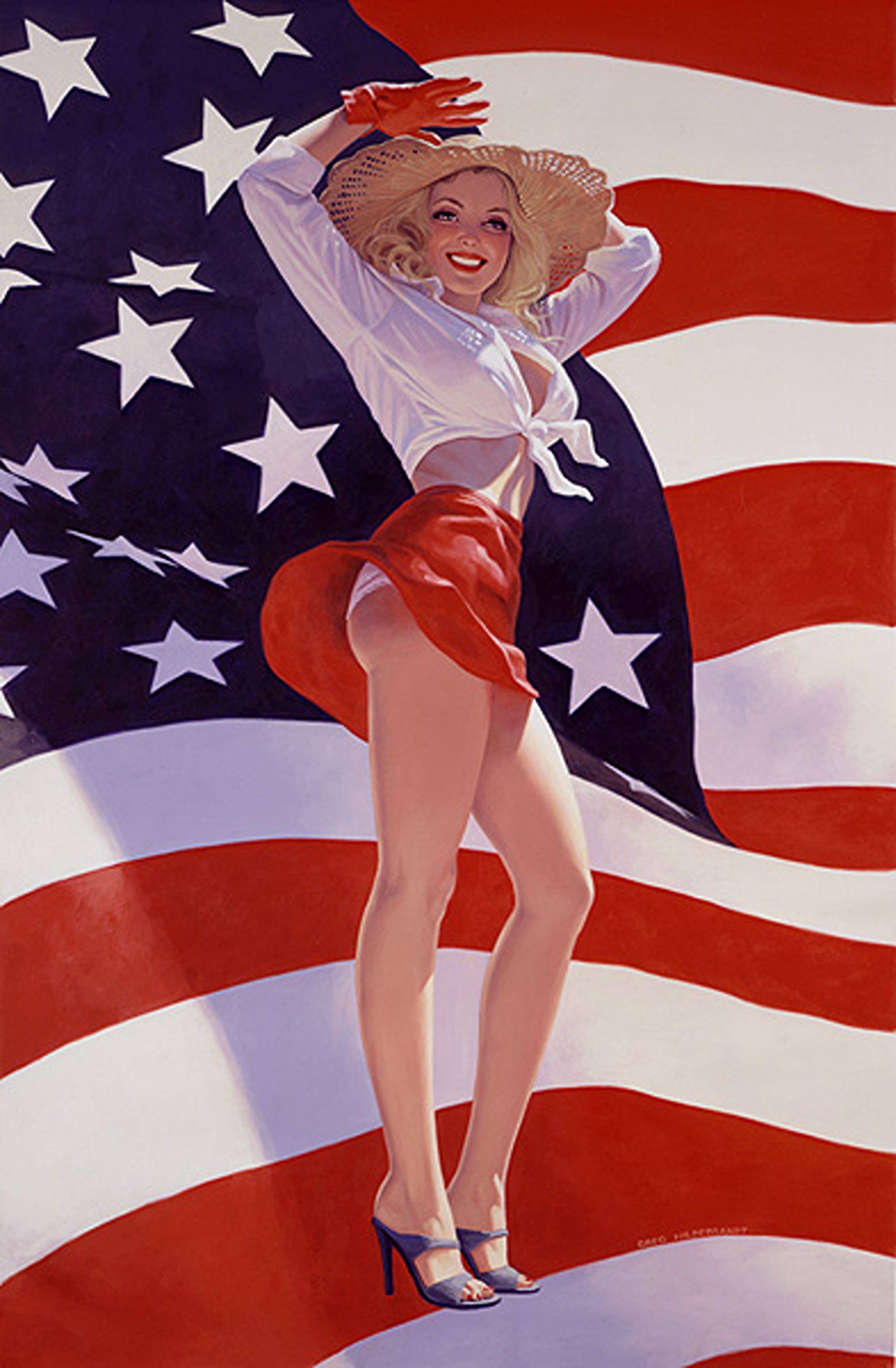 Woman in a patriotic outfit standing in front of an American flag