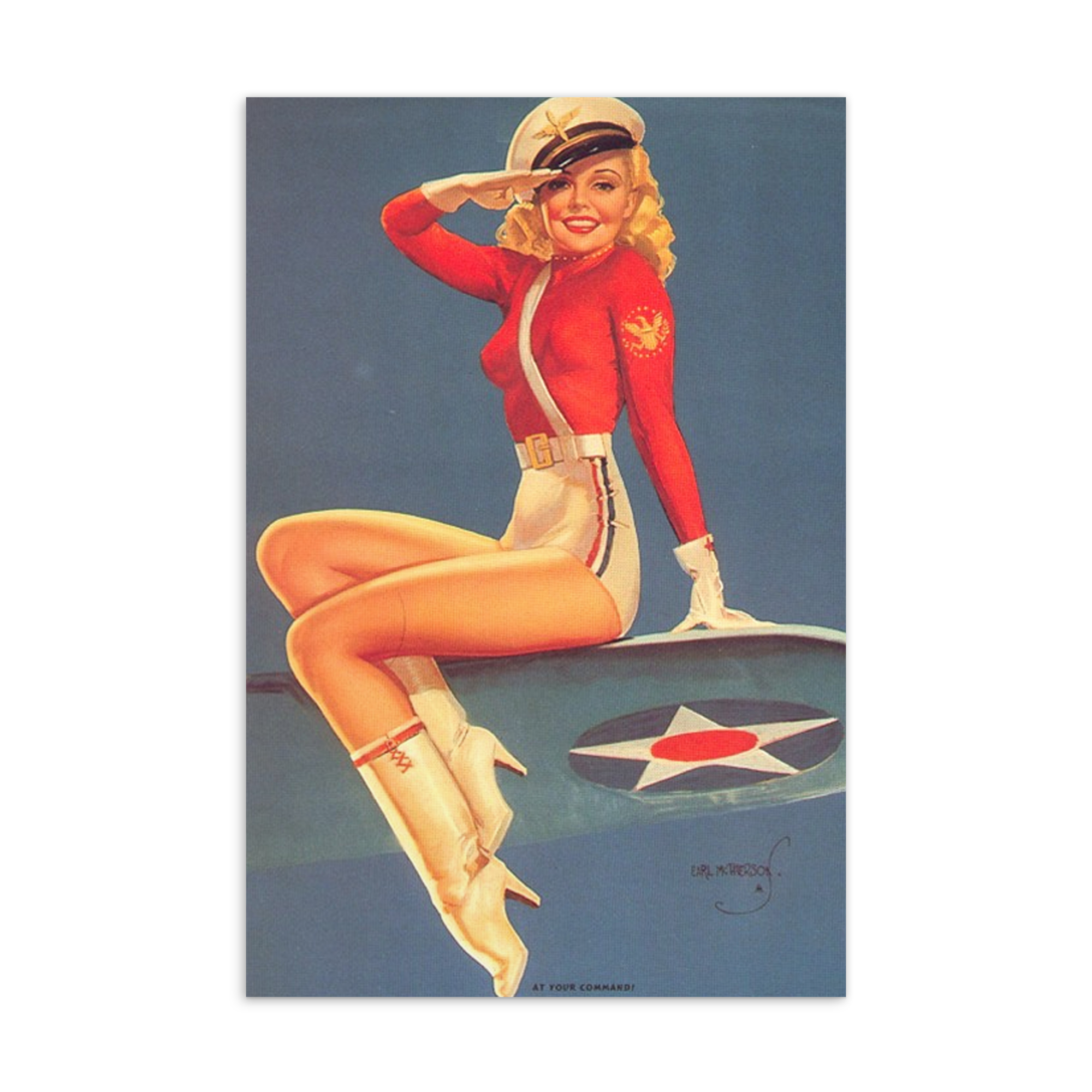 Vintage-style poster of a woman in a red and white uniform sitting on an airplane with a star emblem.