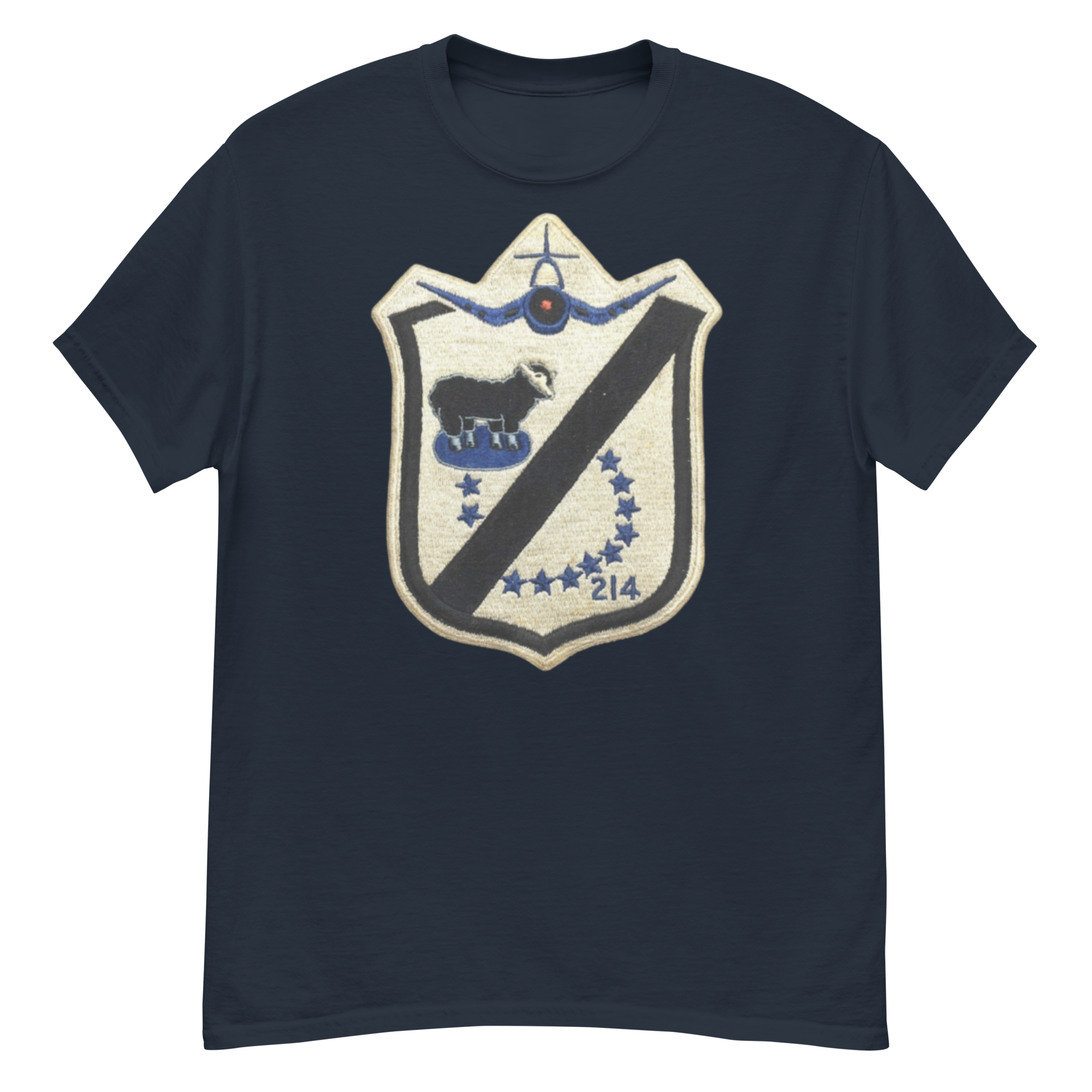 Navy blue t-shirt with a crest design on a vintage cream background