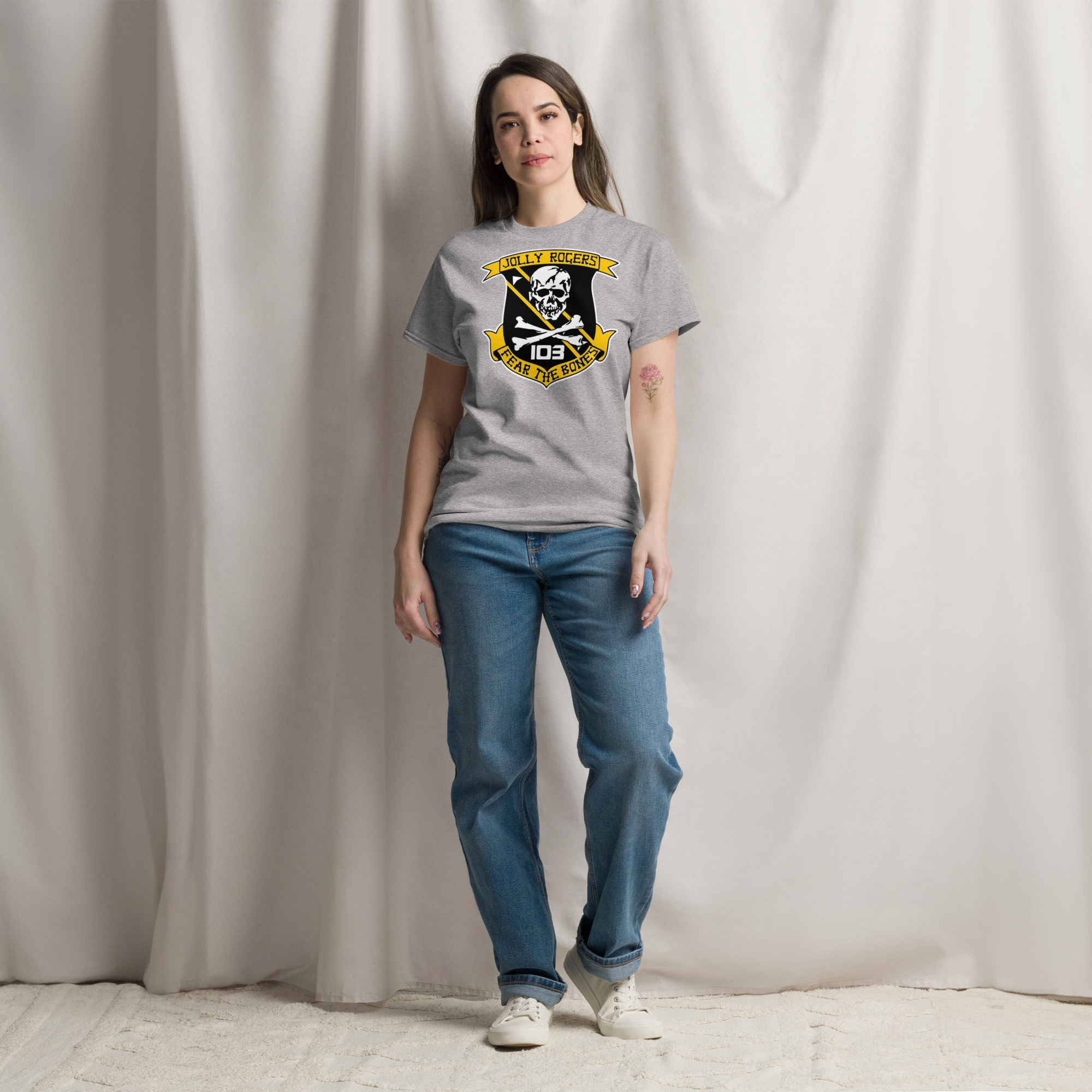 US Navy VFA-103 Jolly Rogers “Fear the Bones” T-Shirt – F/A-18 Super Hornet Squadron Skull & Crossbones Military Aviation Tee