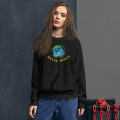 Girls standing wearing Black unisex sweatshirt with USMC 'Devil Dogs' image on front chest