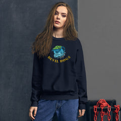 Girl standing wearing Navy blue unisex sweatshirt with USMC 'Devil Dogs' image on front chest