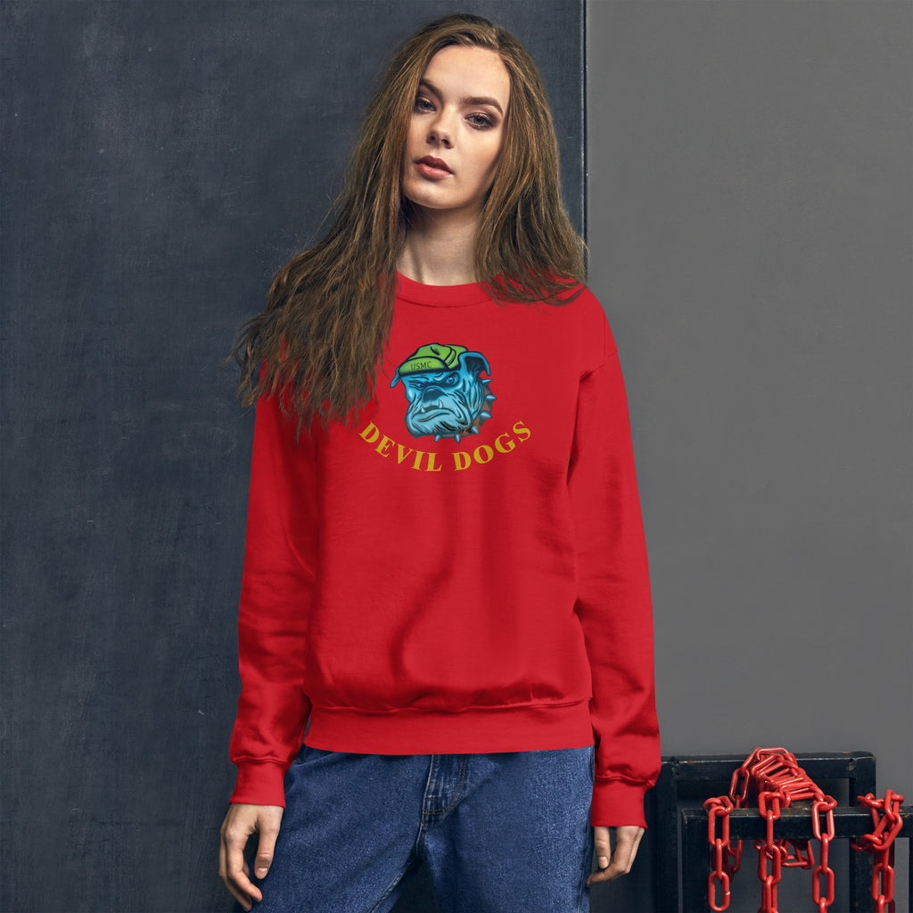 Girls wearing bright red colour unisex sweatshirt with USMC 'Devil Dogs' image on front chest
