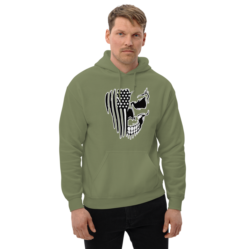 Man wearing a green long sleeve hoodie with a graphic design showing a half skull half stars and stripes flag on front chest area