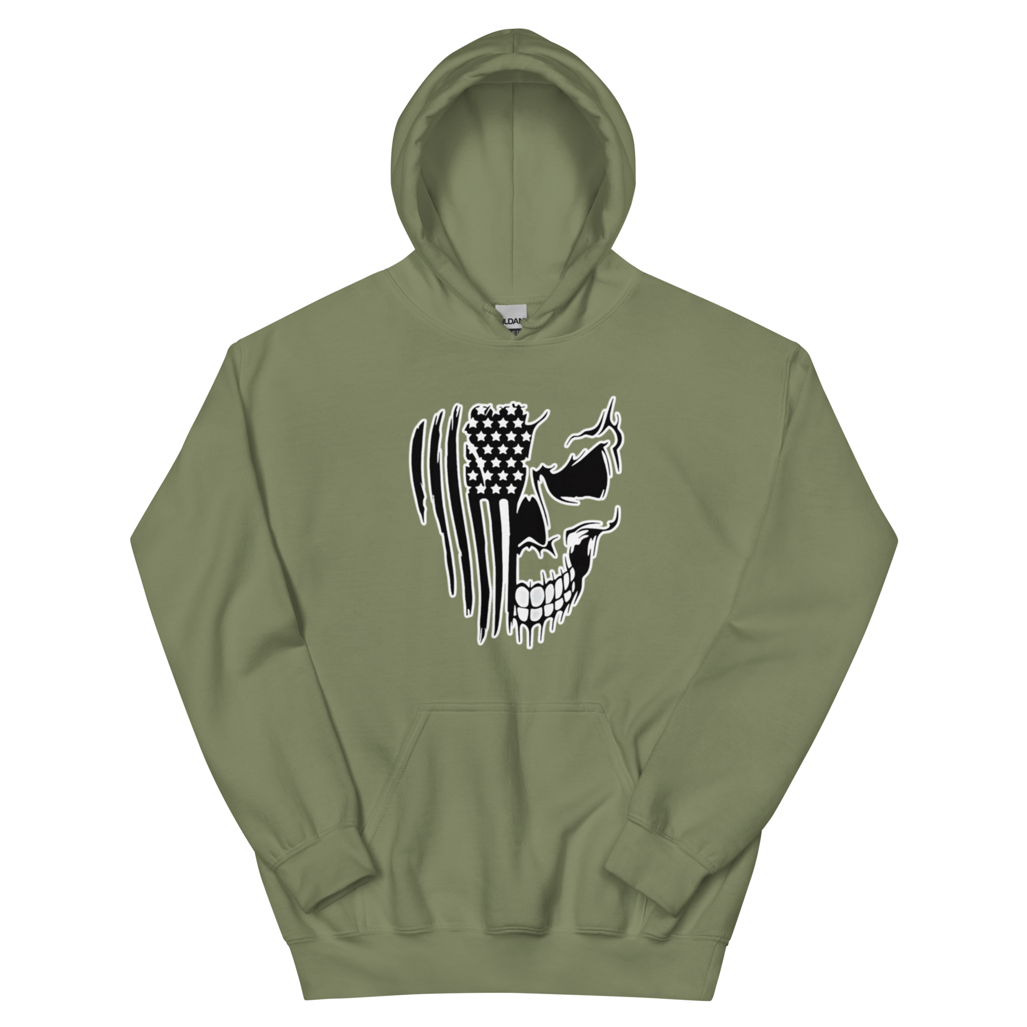 Army green color, long sleeve hoodie with black and white graphic of half skull half stars and stripes flag on front chest area.