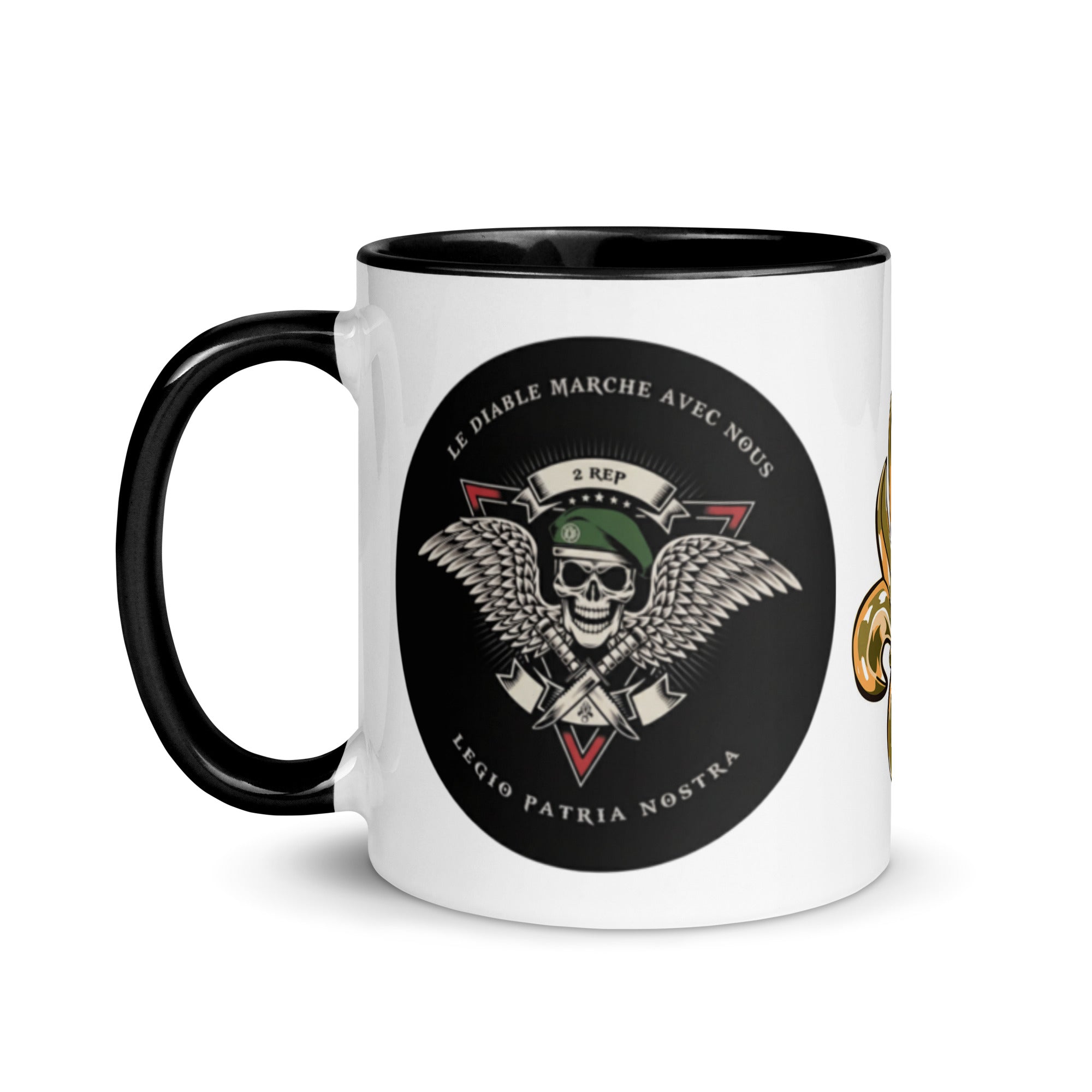 Right side view of white ceramic coffee mug with black contrast inside and handle.  Graphic of the 2e REP of the French Foreign Legion and their Legio Patria Nostra motto