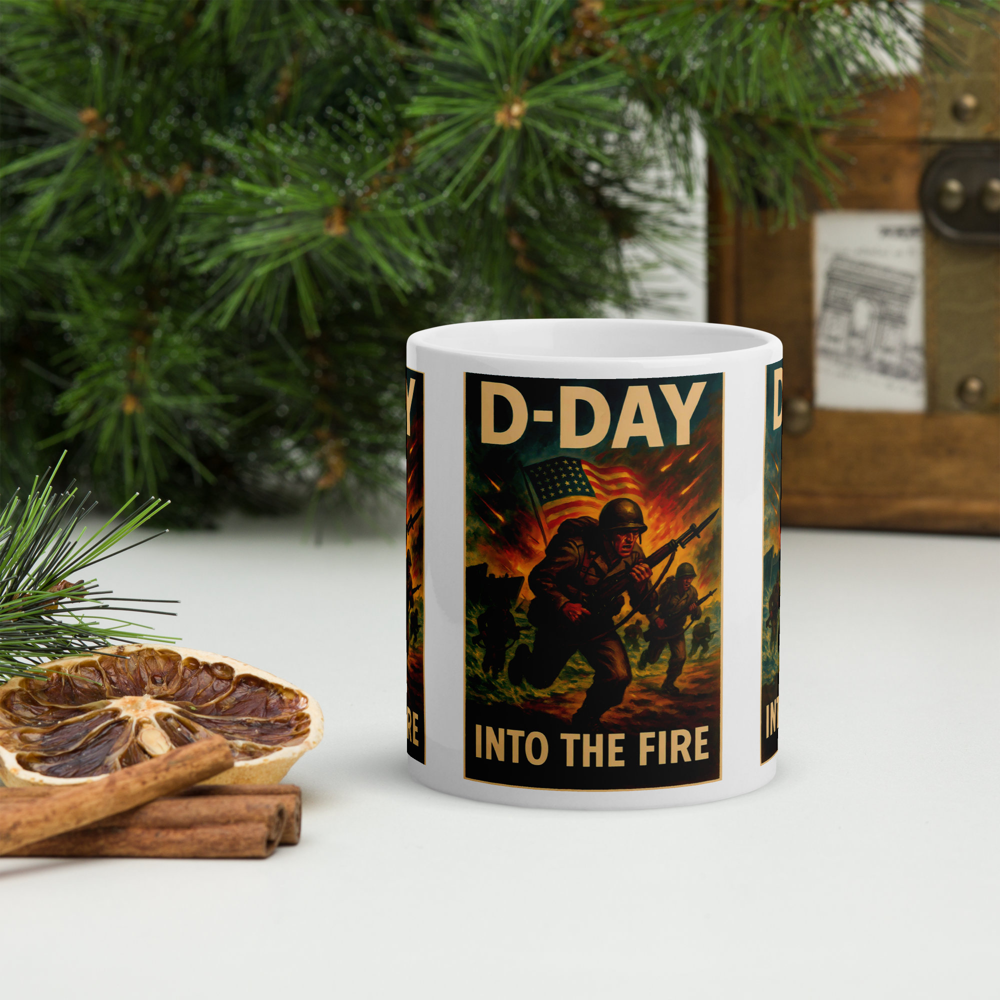 White ceramic mug with full colour graphic, with the words, D-Day Into the Fire.  Image of soldiers running onto beach with silhouette of ship in the background and the Stars & Stripes flag flying. 