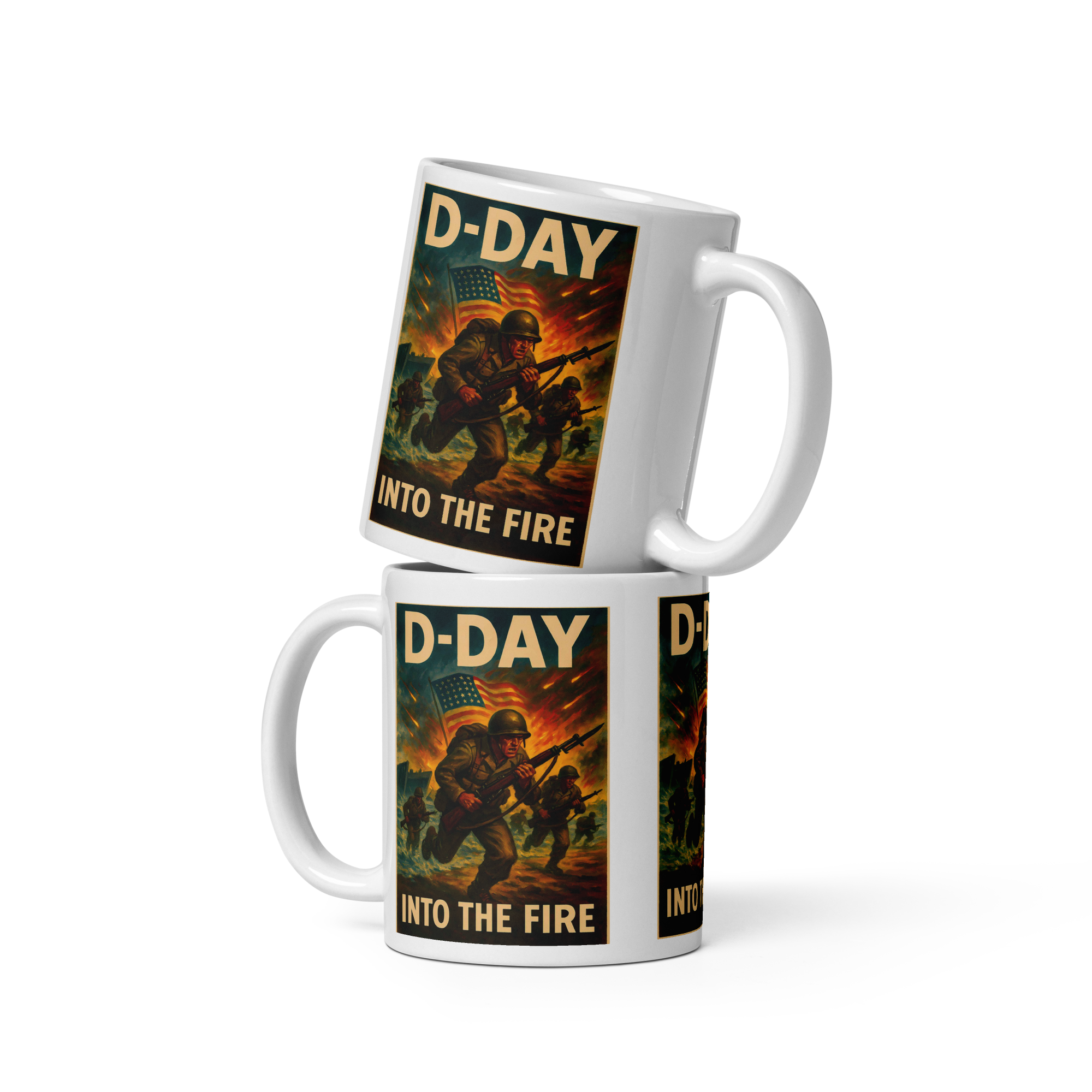 Two white ceramic mugs with a D-Day-themed design.  Features soldiers running onto beach, with ship in the background and the Stars and Stripes flying.  Has text, D-Day Into the Fire. 
