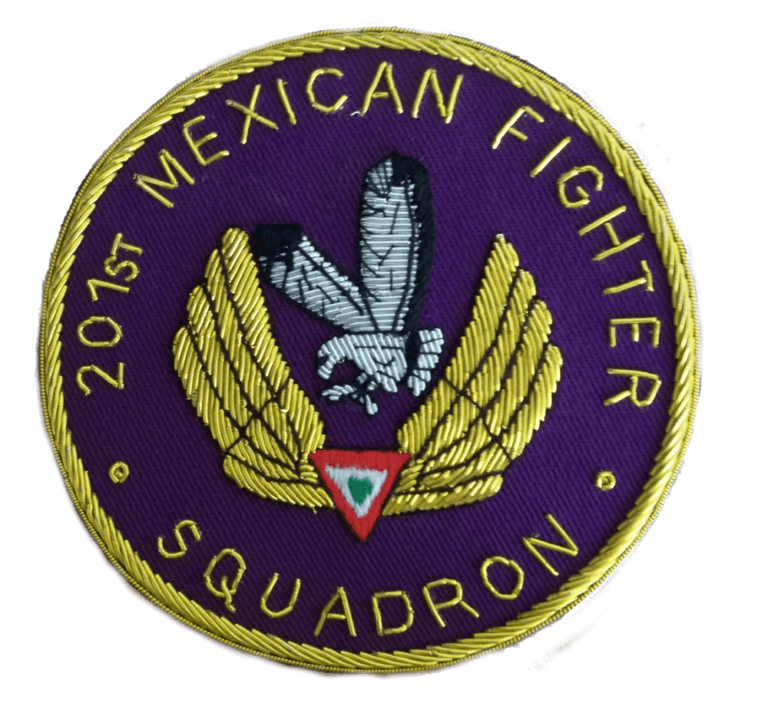 Gold embroidered wings, and silver flying bird on purple circle shaped background, with words '201st Mexican Squadron' around outer edge