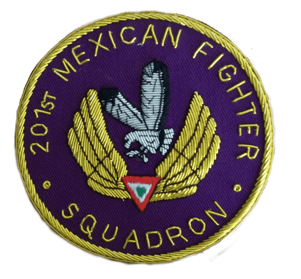 Gold embroidered wings, and silver flying bird on purple circle shaped background, with words '201st Mexican Squadron' around outer edge