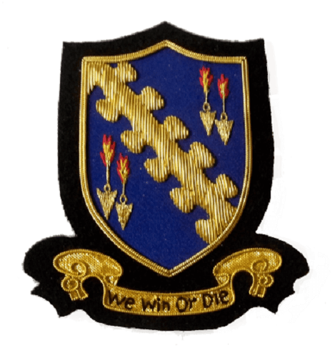 Blue shield shaped patch with gold banner running top right to bottom left.  Gold arrows with flaming tails, at top left and bottom right.  Gold ribbon banner along bottom with words 'We Win or Die'