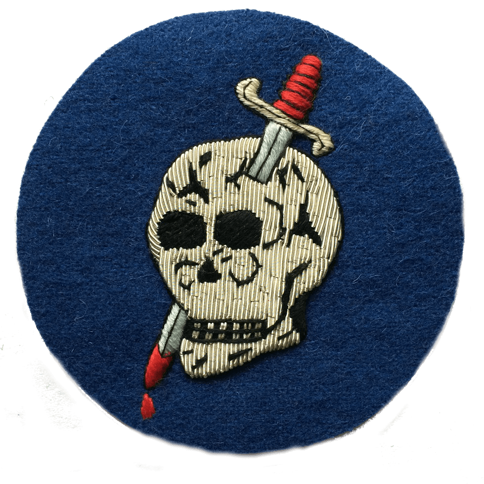 Dark blue circle shaped patch with silver skull in center that has a dagger through the head and blood dripping from tip of dagger blade at bottom of patch