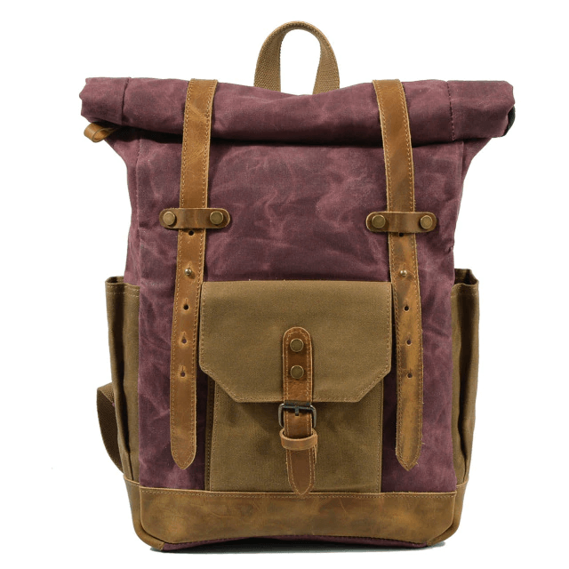 Vintage Style Oil Wax Canvas Daypack - purple and tan