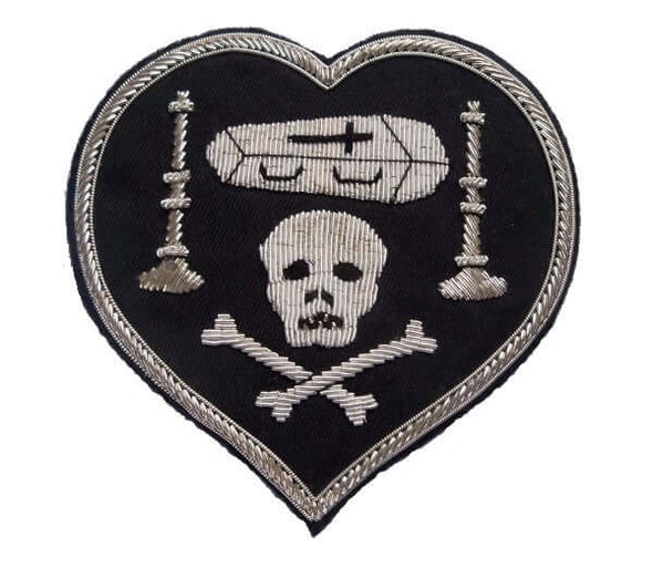 Black Heart Nungesser Knight of Death patch embroidered with skull, crossbones, coffin and two candlesticks