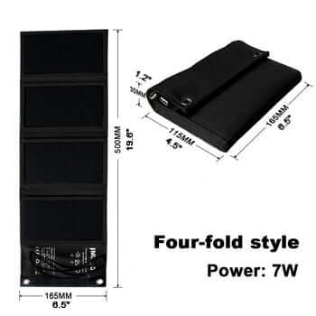 Four Panel Folding Solar Panel 5V 7W Charger - black cover showing charger size open and folded 
