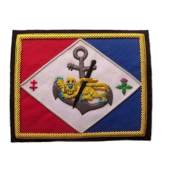 Commando Kieffer WW2 rectangle shaped patch with red, white, blue background and lion rampant, anchor, croix de lorraine and thistle embroidered on face