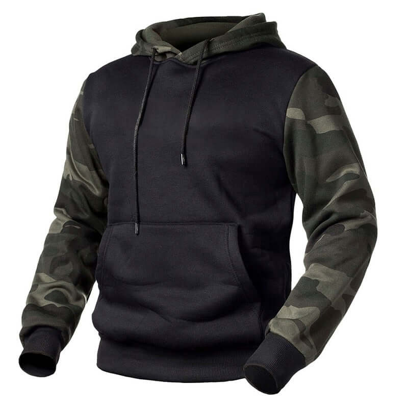 Camouflage Hoodie With Large Front Pocket - black body jungle camo contrast sleeves front view 