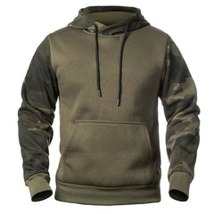 Camouflage Hoodie With Large Front Pocket - Plain army green body woodland camo contrast sleeves front view