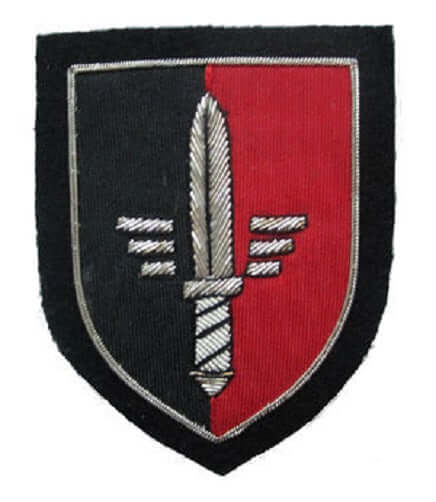 Black and red color shield shaped patch with silver dagger pointing upright in the center