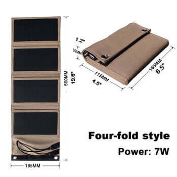 Four Panel Folding Solar Panel 5V 7W Charger - khaki color cover showing sizes open and folded