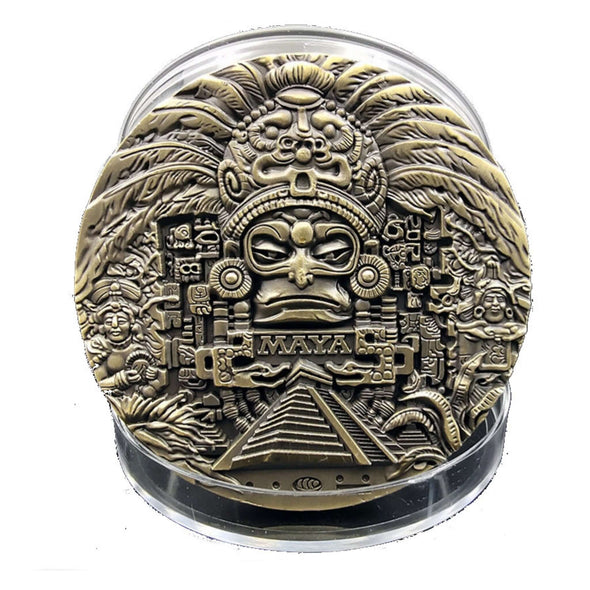 Mayan Coin - front face sitting in protective acrylic case