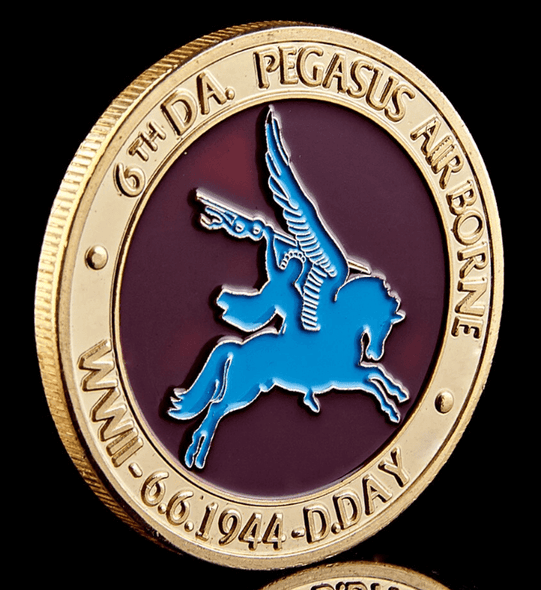 WW2 6th Airborne Division Pegasus Bridge D-Day Challenge Coin - coin back with words '6th DA Pegasus Airborne WWII 6.6.1944 D-Day'
