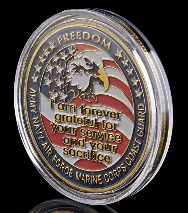 U.S. Military POW MIA Remembrance Coin - back face of coin in protective acrylic clear case