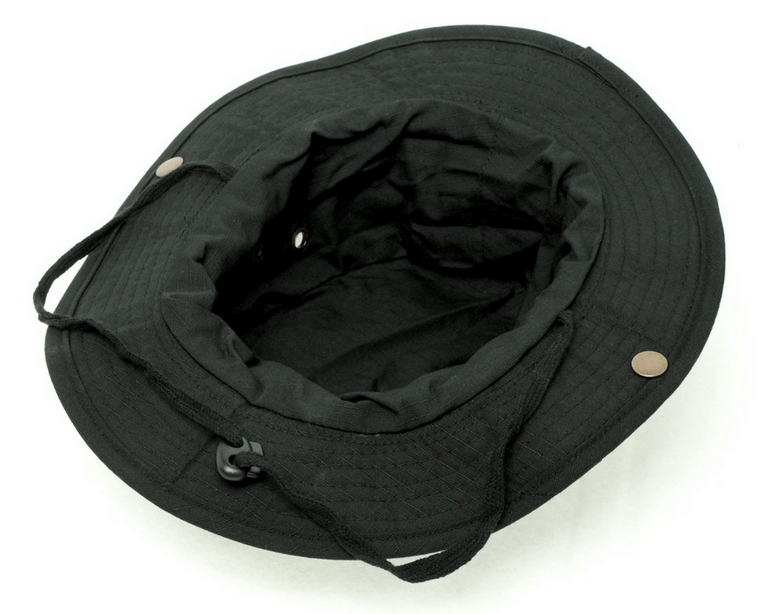 Inside view of black booney hat showing neck cord and studs