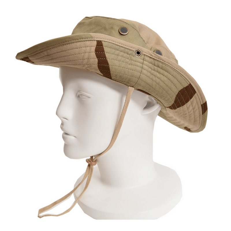Side view of booney on mannikin head showing brim fixed up and neck cord