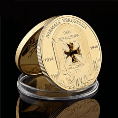 WW1-WW2 Commemorative Collectors Coin with German Cross - back of coin with words 'niemals vergessen 1914-1945 den gefallenen 97 millionen'