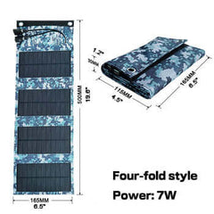 Four Panel Folding Solar Panel 5V 7W Charger - snow camouflage cover showing folded and fully open