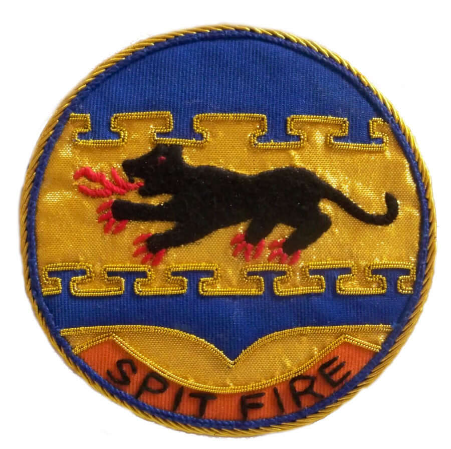 Circle shaped patch with Black panther spitting red fire, on gold background with words 'Spit Fire' embroidered along bottom of patch