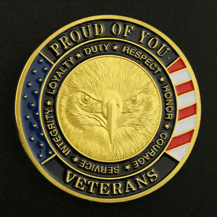 U.S. Military Veterans Thank You Coin - back of coin with words 'Proud of You' 'Veterans'
