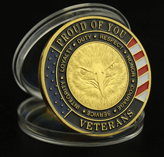U.S. Military Veterans Thank You Coin - back of coin in clear protective acrylic case
