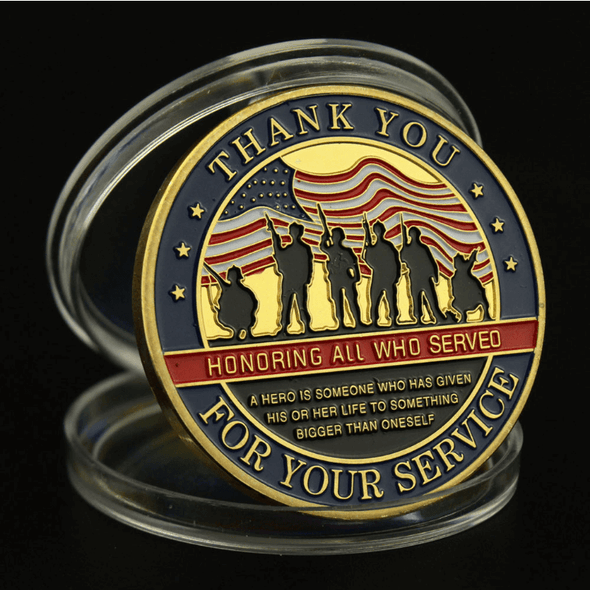 U.S. Military Veterans Thank You Coin - front face with words 'Thank You For Your Service' 'Honoring all who served' 